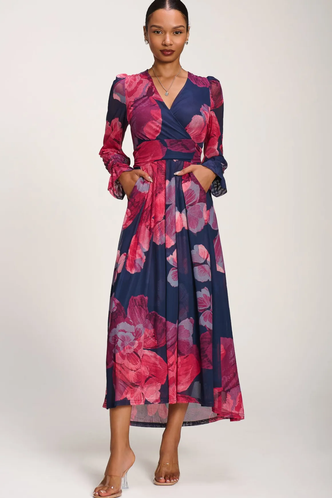 Long Sleeve V Neck Mesh Maxi Dress, Fuchsia Floral