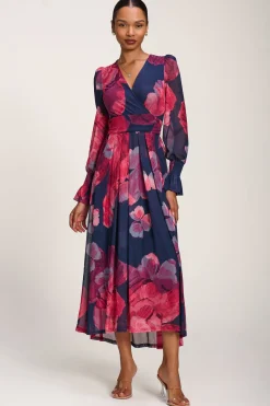 Long Sleeve V Neck Mesh Maxi Dress, Fuchsia Floral