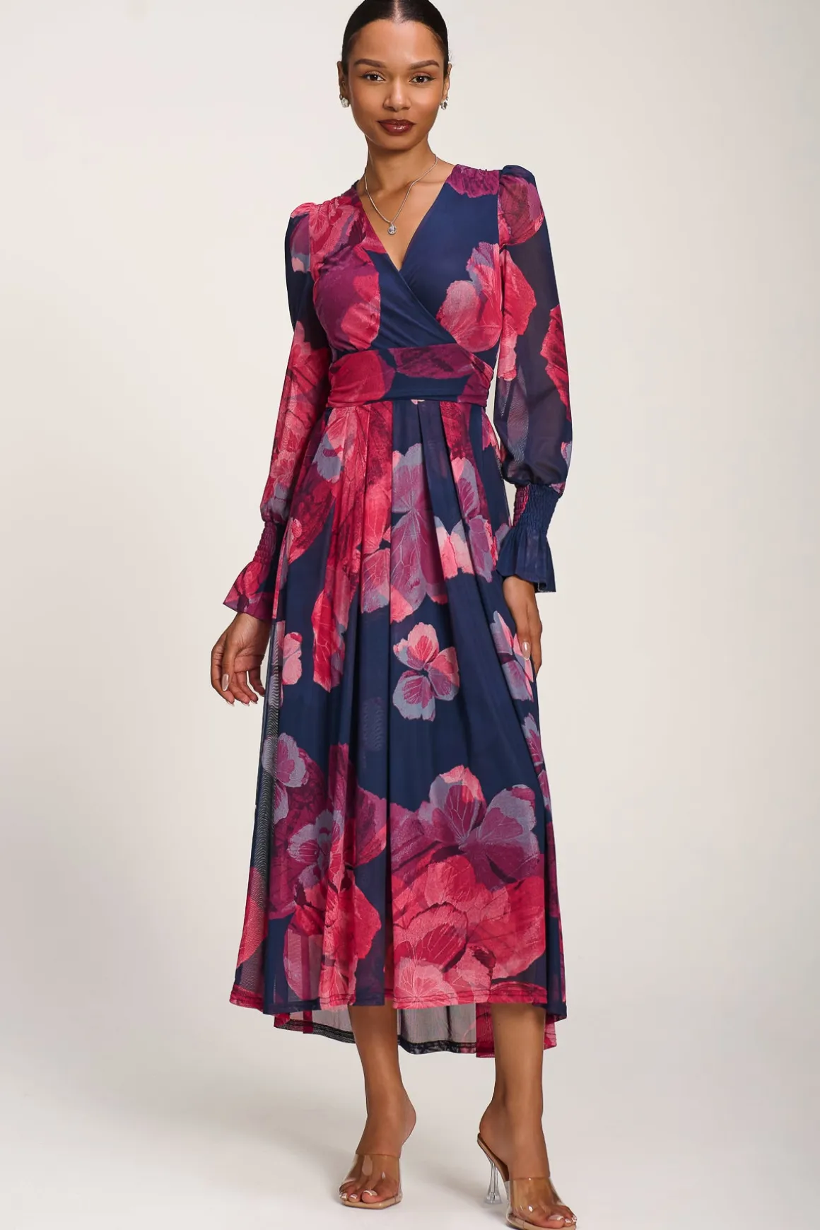 Long Sleeve V Neck Mesh Maxi Dress, Fuchsia Floral
