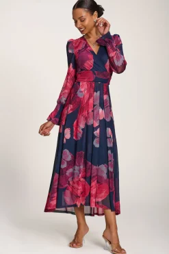 Long Sleeve V Neck Mesh Maxi Dress, Fuchsia Floral
