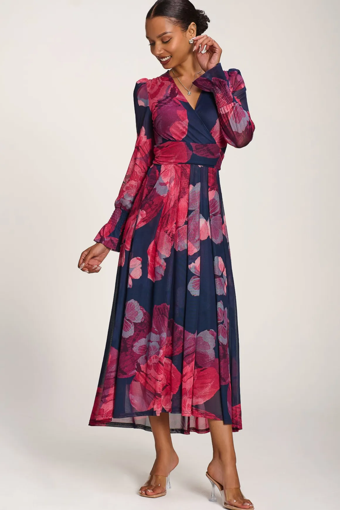 Long Sleeve V Neck Mesh Maxi Dress, Fuchsia Floral