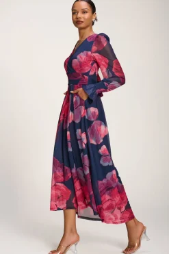 Long Sleeve V Neck Mesh Maxi Dress, Fuchsia Floral