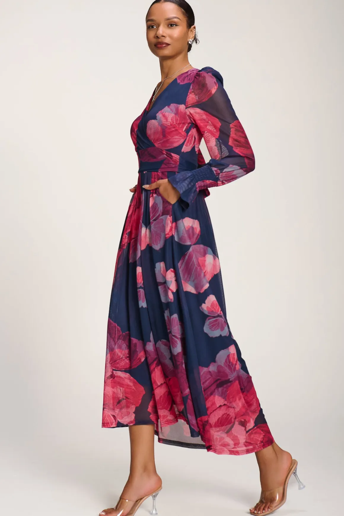 Long Sleeve V Neck Mesh Maxi Dress, Fuchsia Floral