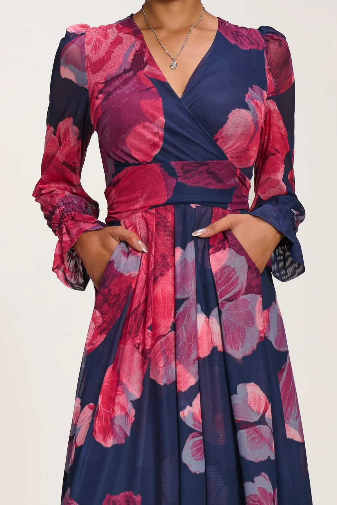 Long Sleeve V Neck Mesh Maxi Dress, Fuchsia Floral