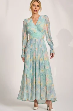 Long Sleeve V Neck Mesh Maxi Dress, Green Abstract