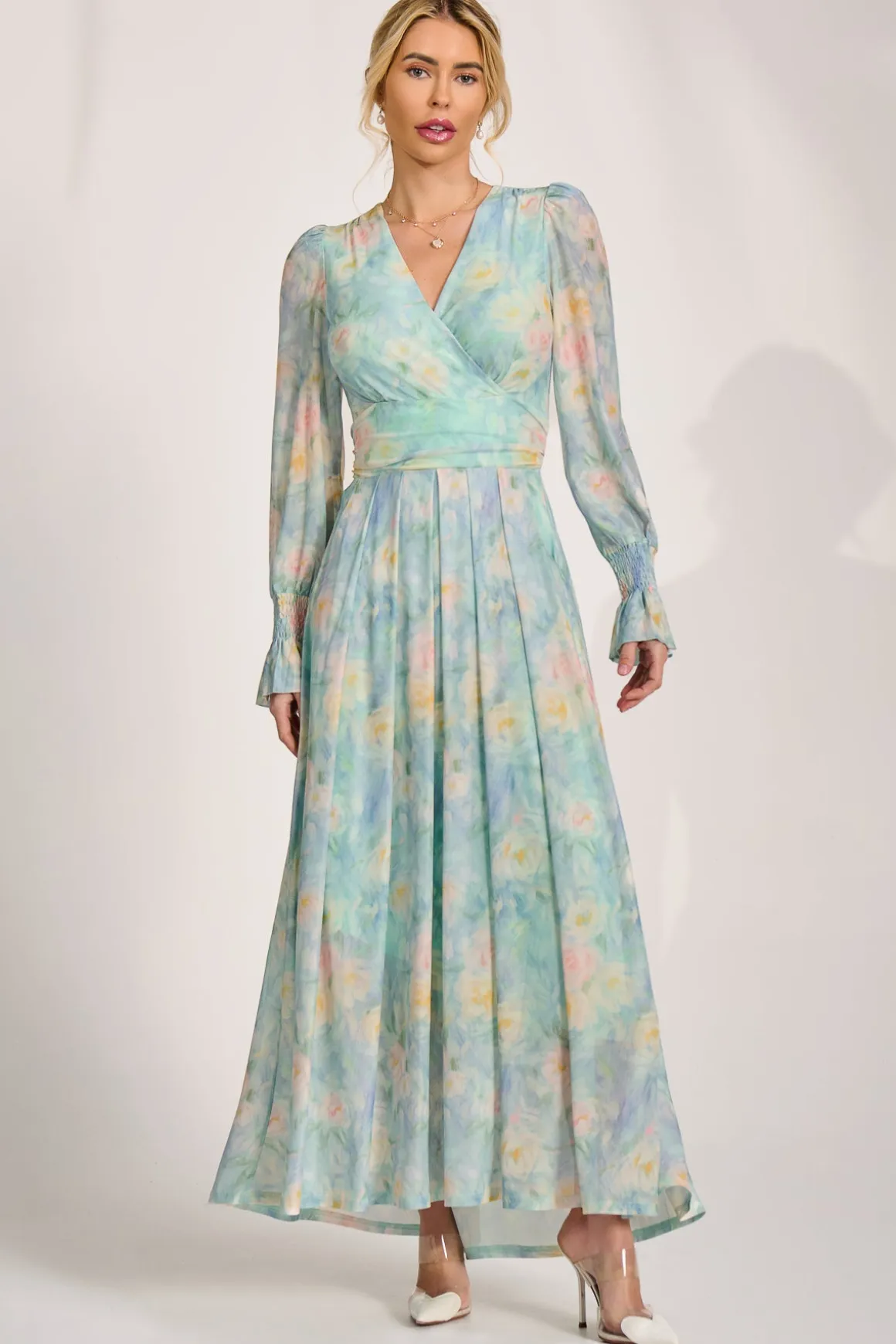 Long Sleeve V Neck Mesh Maxi Dress, Green Abstract