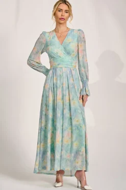 Long Sleeve V Neck Mesh Maxi Dress, Green Abstract