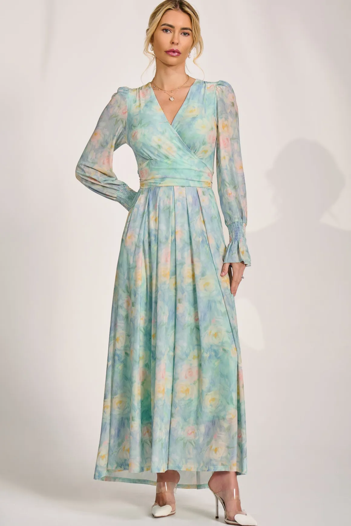 Long Sleeve V Neck Mesh Maxi Dress, Green Abstract