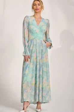 Long Sleeve V Neck Mesh Maxi Dress, Green Abstract