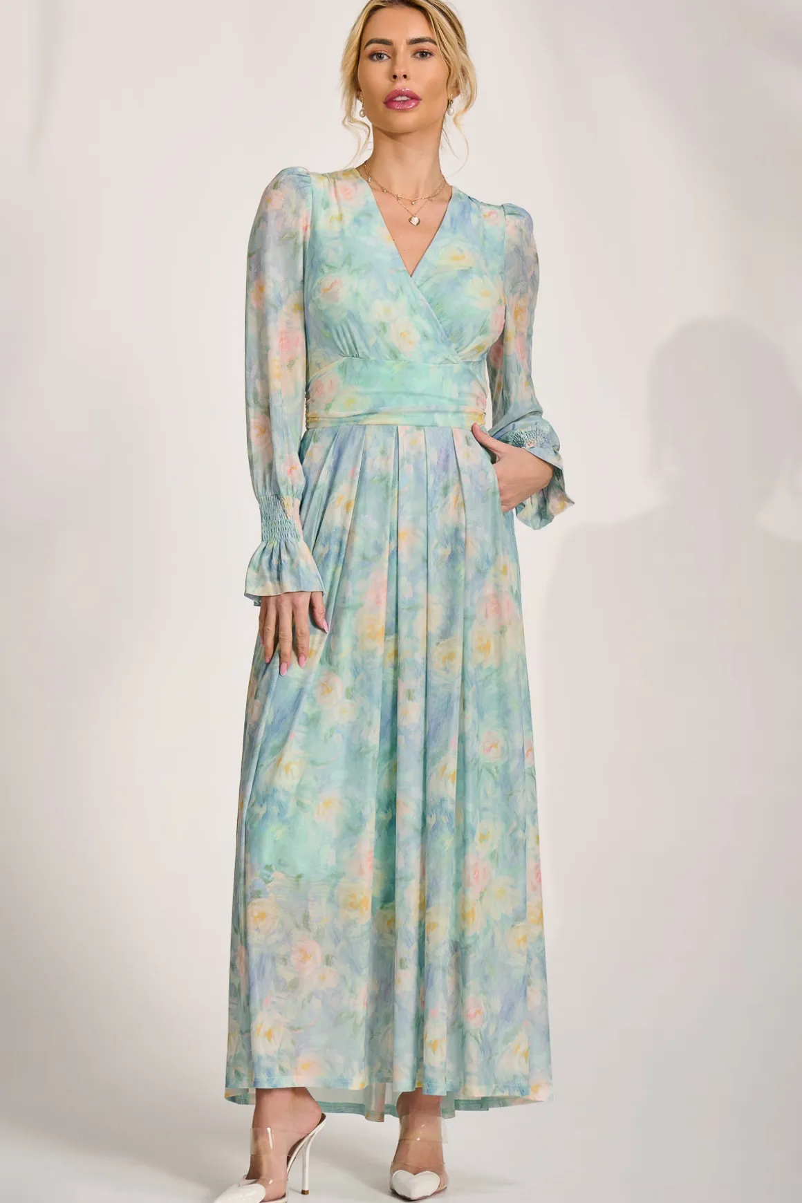 Long Sleeve V Neck Mesh Maxi Dress, Green Abstract