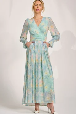 Long Sleeve V Neck Mesh Maxi Dress, Green Abstract
