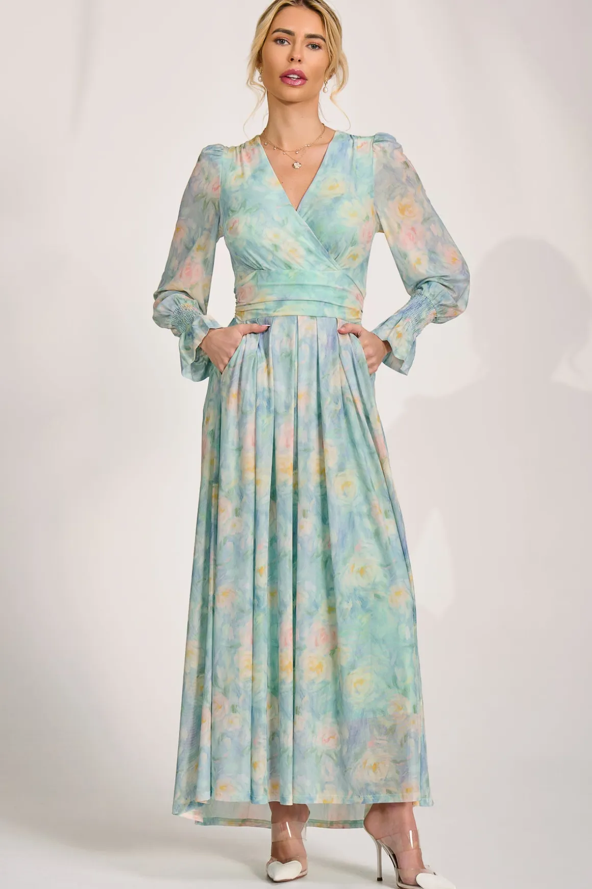 Long Sleeve V Neck Mesh Maxi Dress, Green Abstract