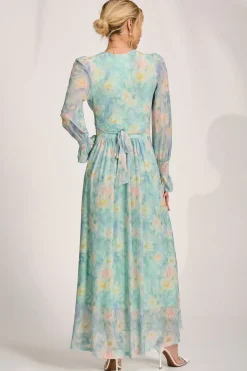 Long Sleeve V Neck Mesh Maxi Dress, Green Abstract