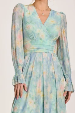 Long Sleeve V Neck Mesh Maxi Dress, Green Abstract