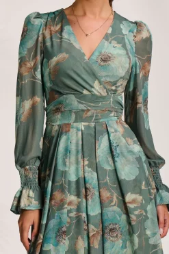 Long Sleeve V Neck Mesh Maxi Dress, Green Floral