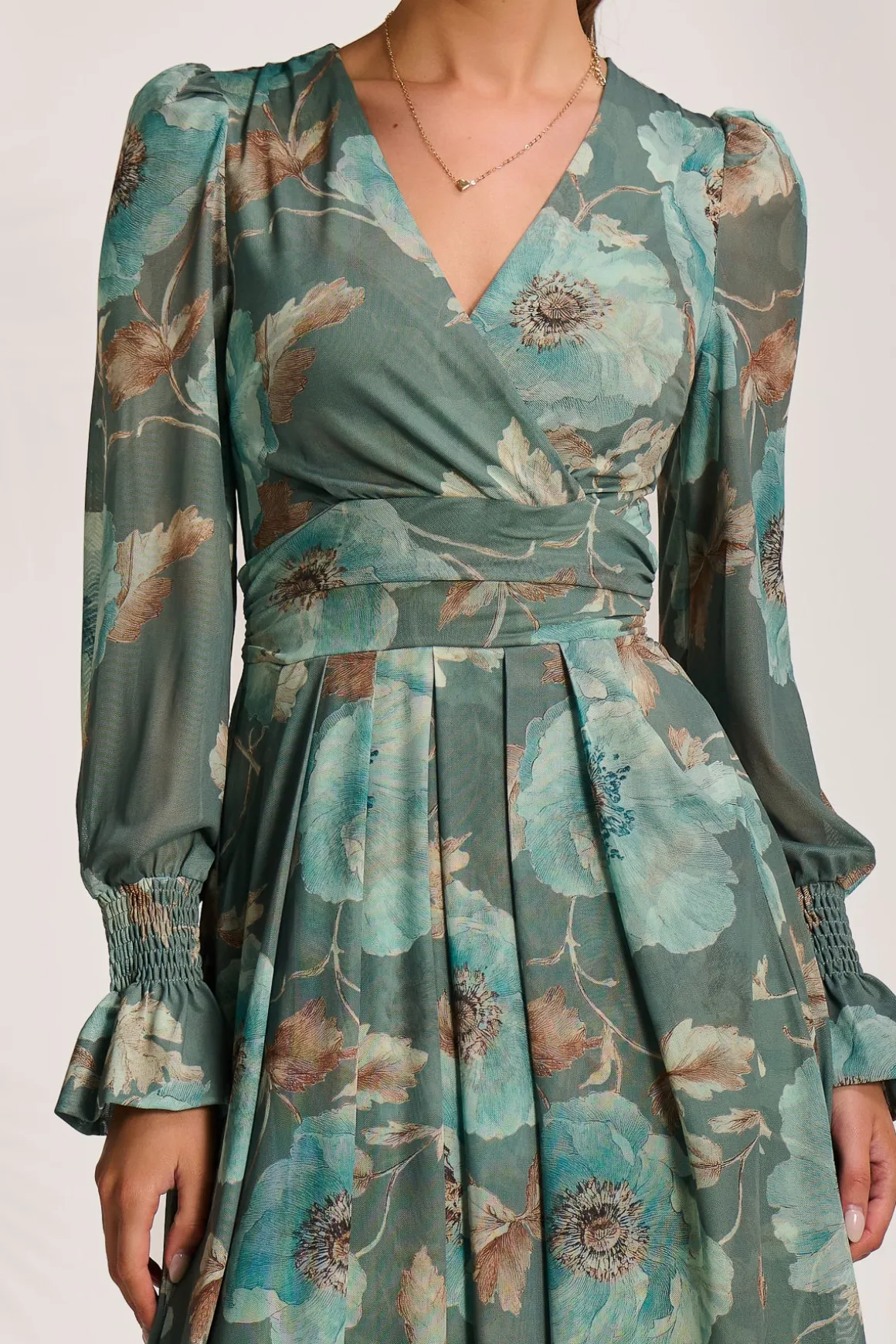 Long Sleeve V Neck Mesh Maxi Dress, Green Floral