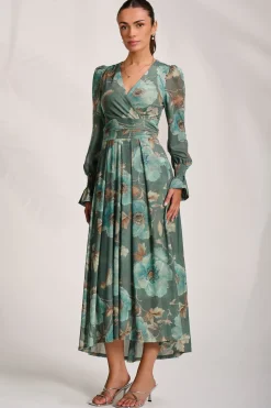Long Sleeve V Neck Mesh Maxi Dress, Green Floral