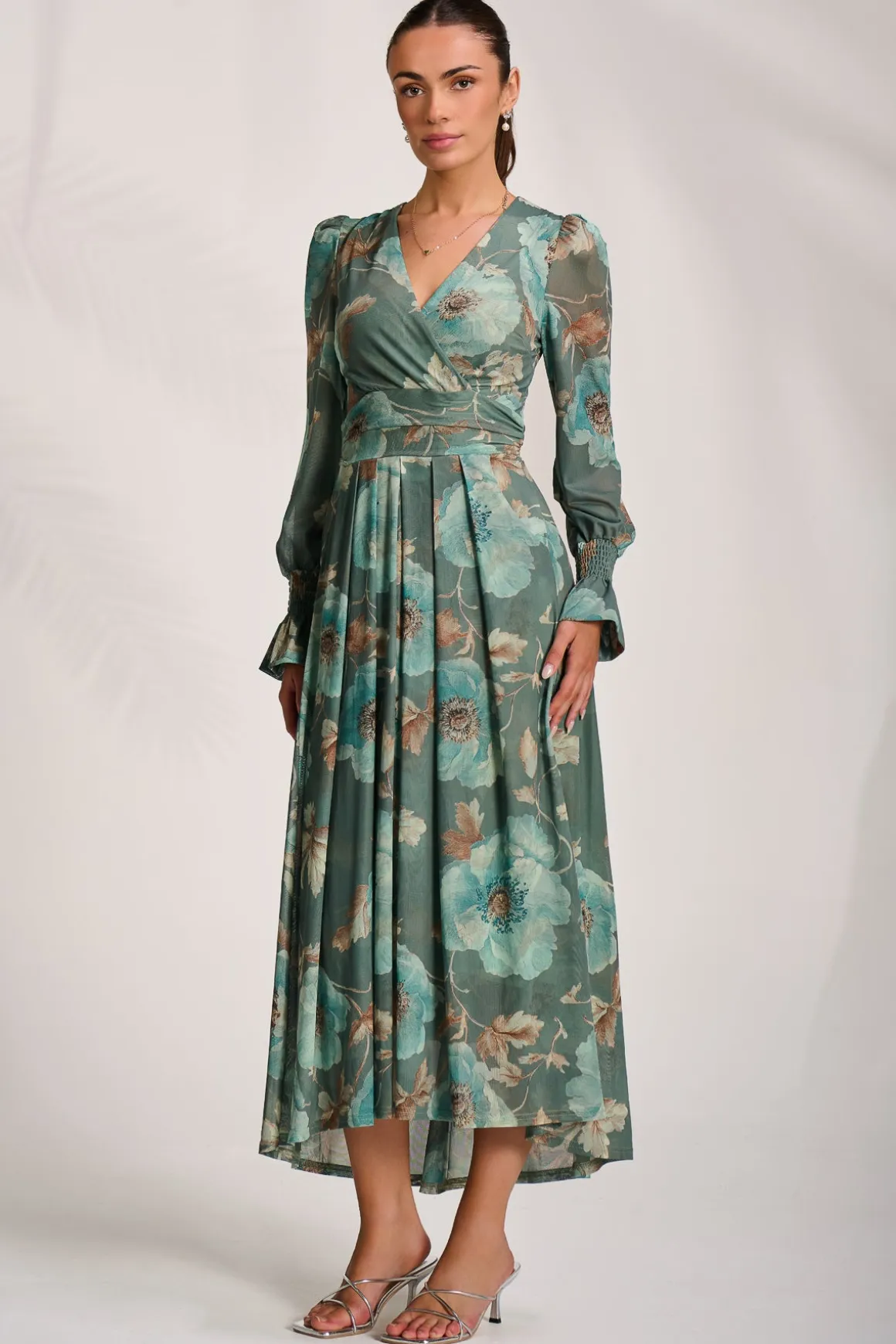 Long Sleeve V Neck Mesh Maxi Dress, Green Floral