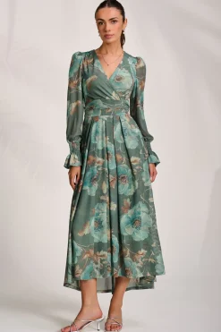 Long Sleeve V Neck Mesh Maxi Dress, Green Floral