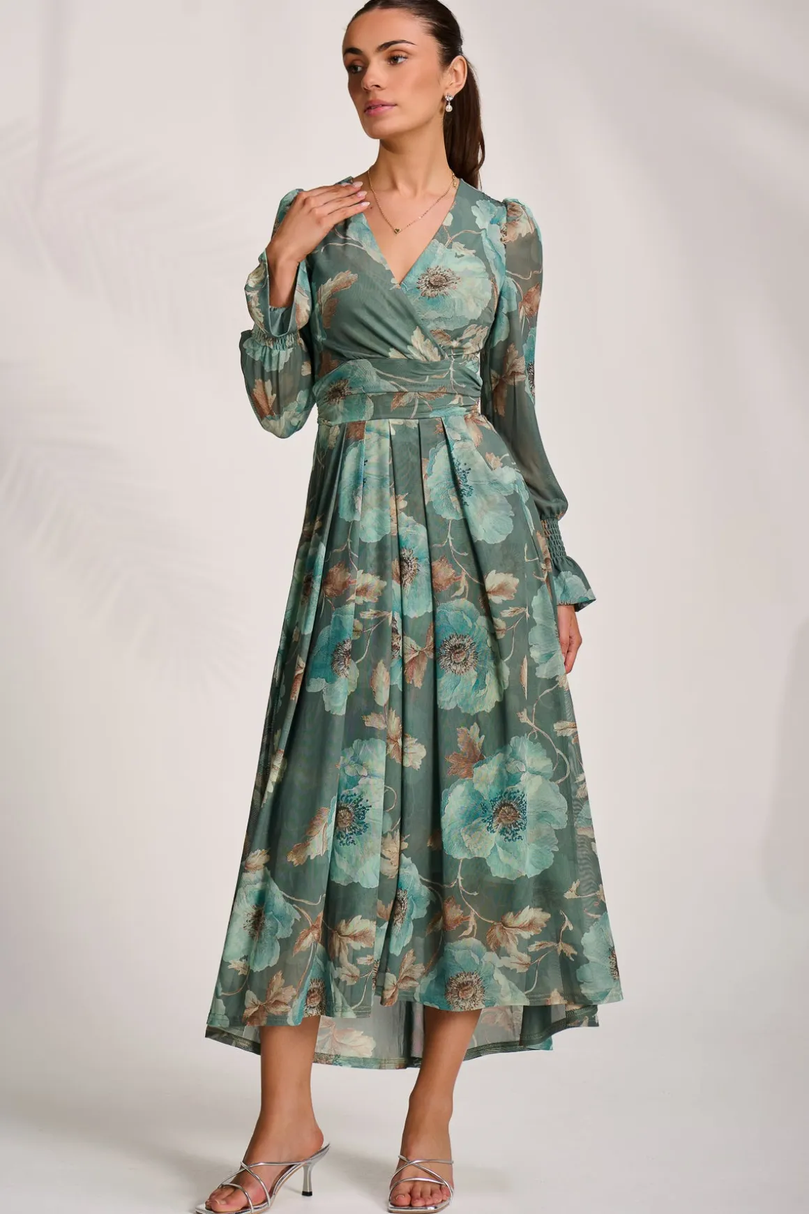 Long Sleeve V Neck Mesh Maxi Dress, Green Floral