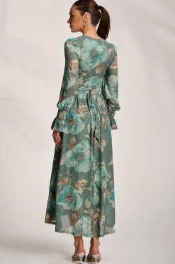 Long Sleeve V Neck Mesh Maxi Dress, Green Floral