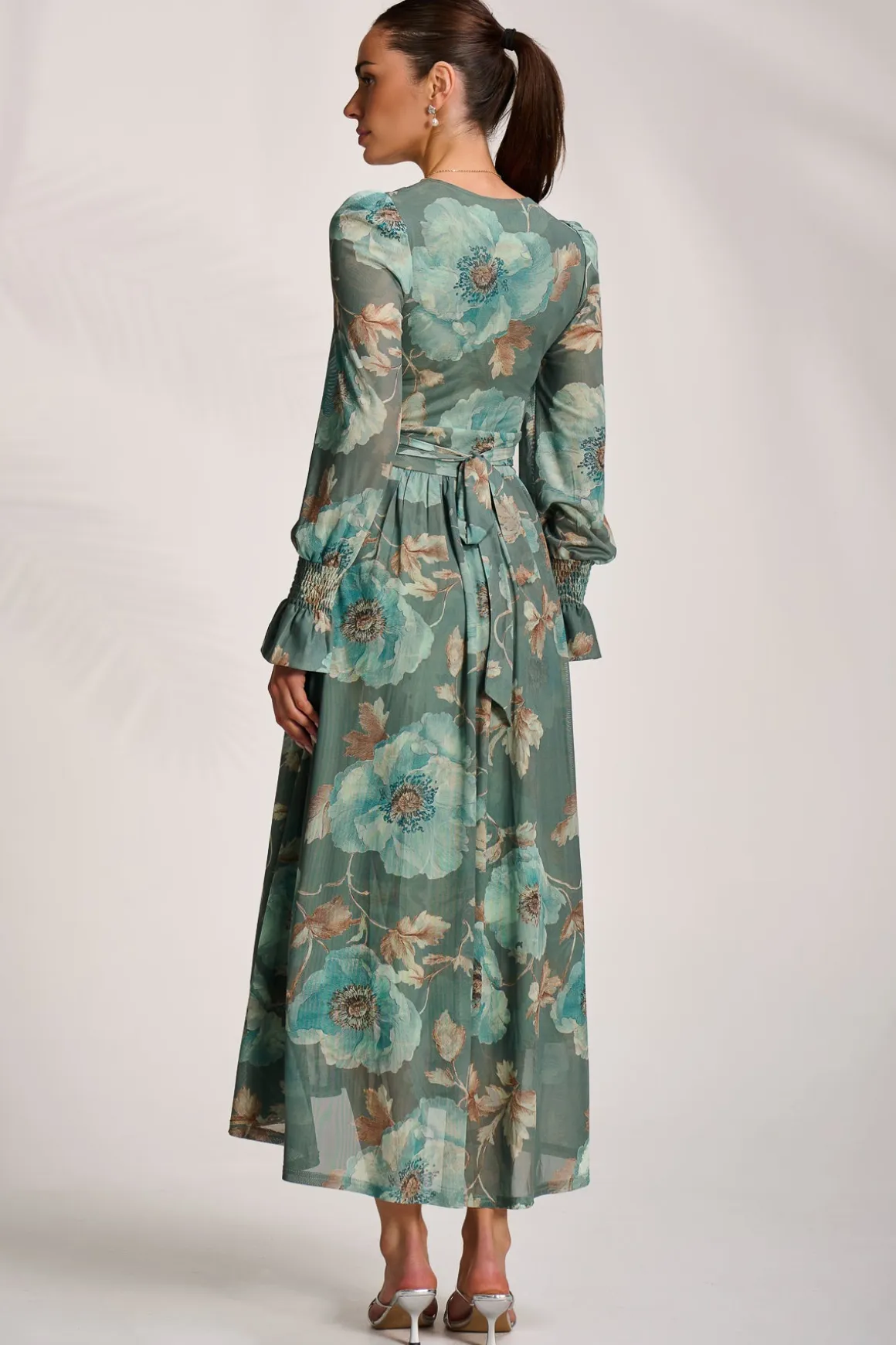 Long Sleeve V Neck Mesh Maxi Dress, Green Floral