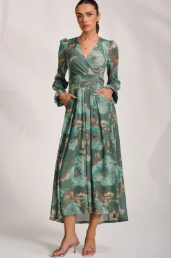 Long Sleeve V Neck Mesh Maxi Dress, Green Floral