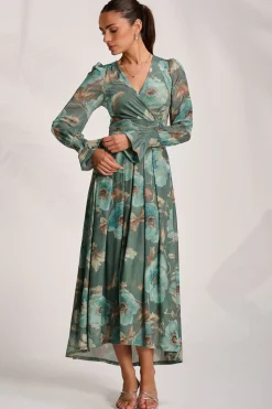 Long Sleeve V Neck Mesh Maxi Dress, Green Floral
