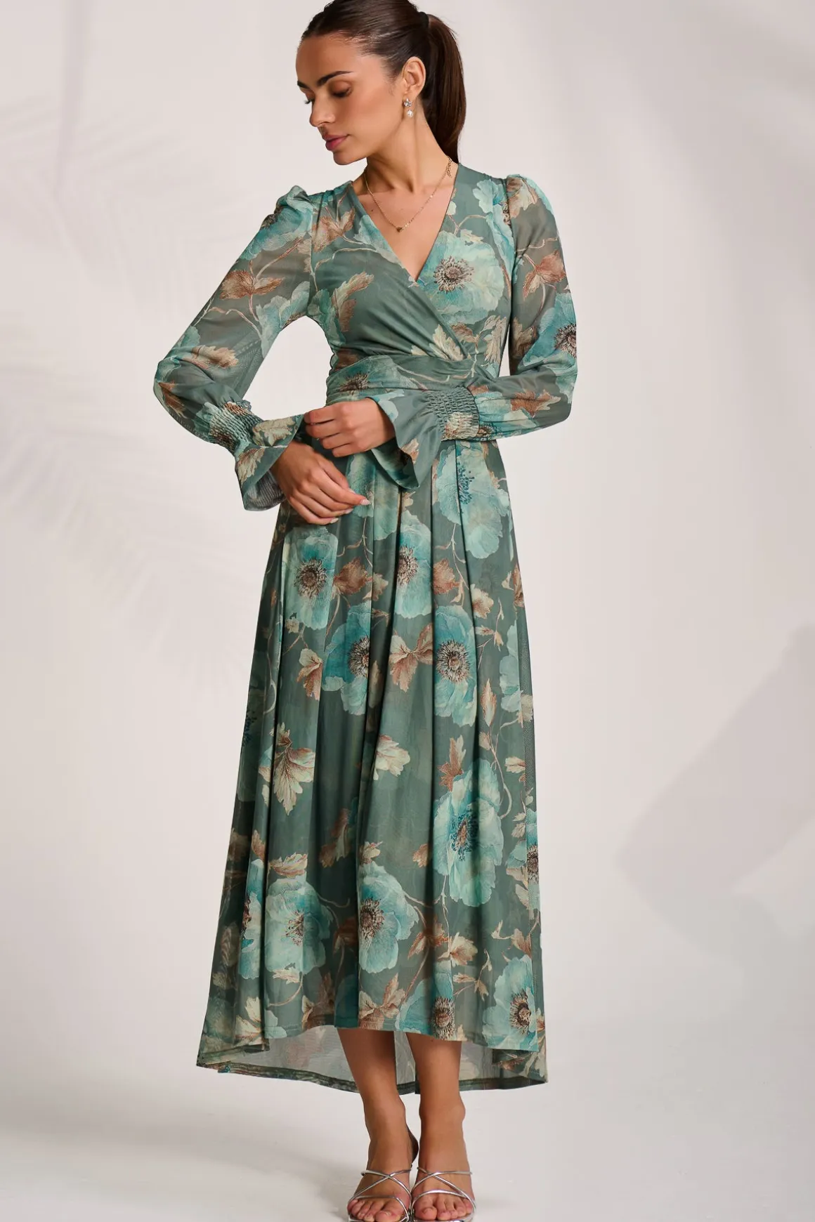 Long Sleeve V Neck Mesh Maxi Dress, Green Floral