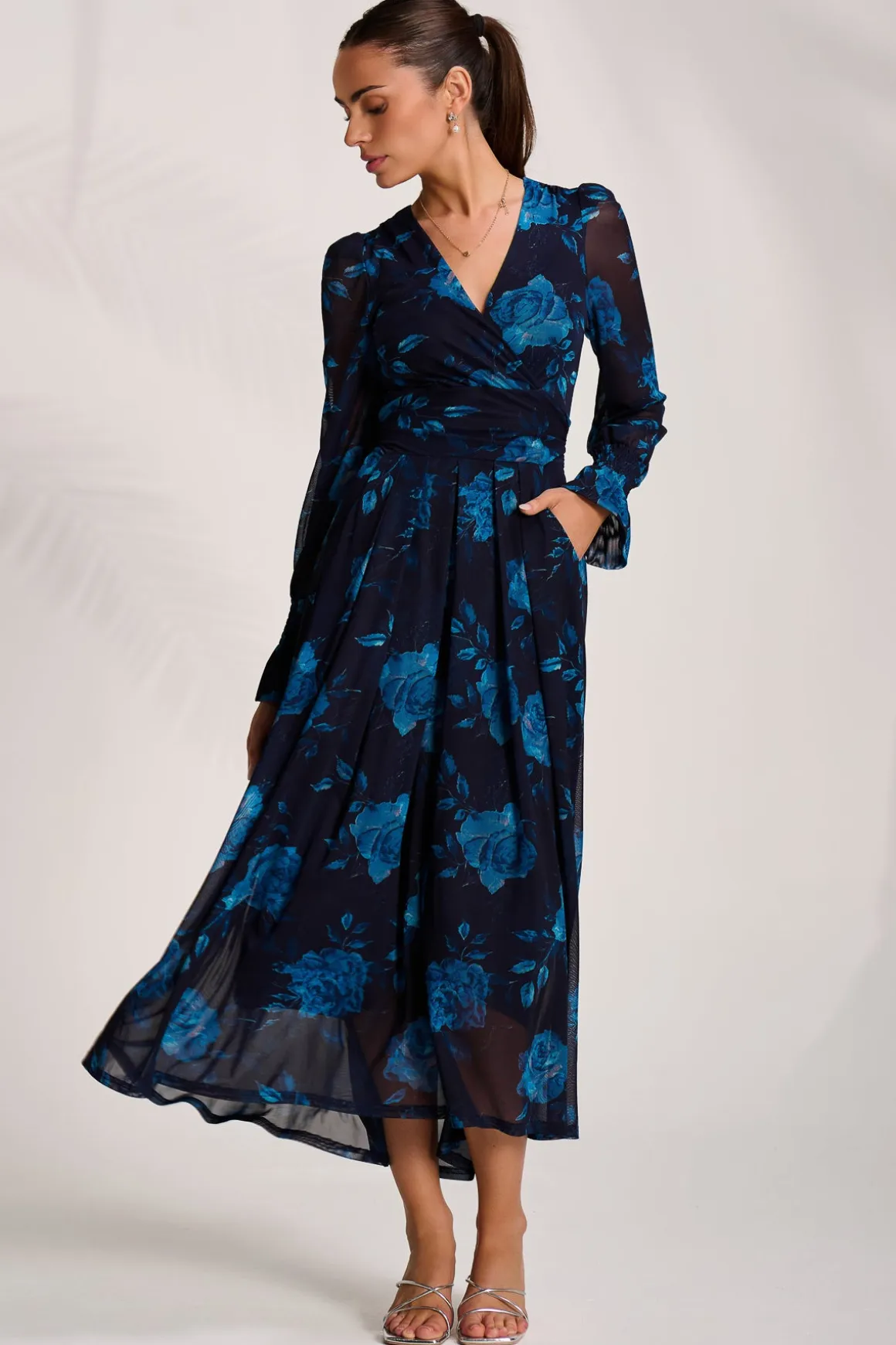 Long Sleeve V Neck Mesh Maxi Dress, Navy Floral