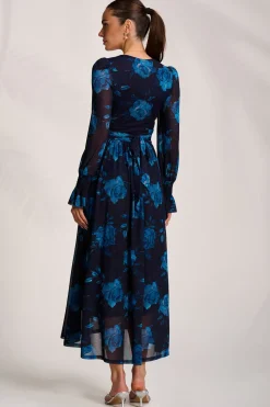 Long Sleeve V Neck Mesh Maxi Dress, Navy Floral
