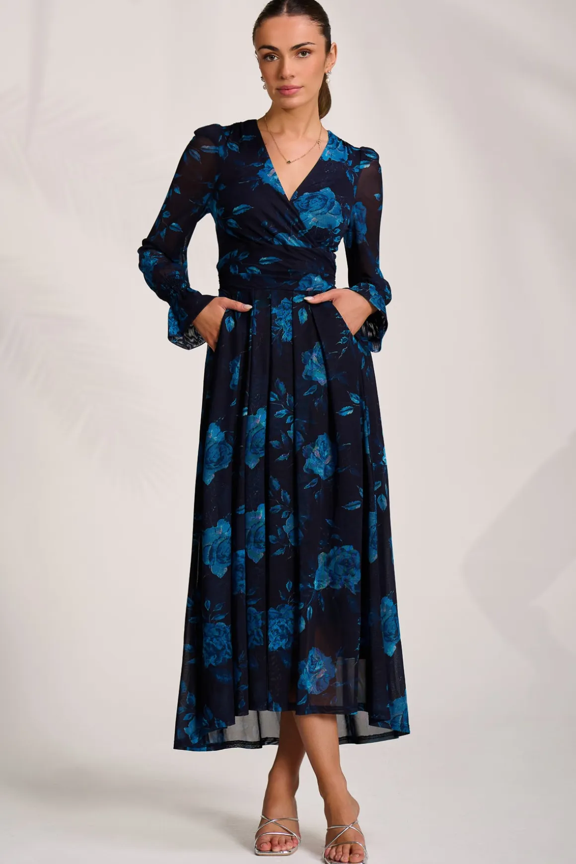 Long Sleeve V Neck Mesh Maxi Dress, Navy Floral