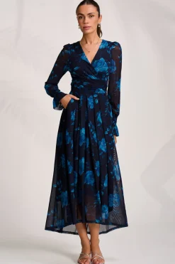Long Sleeve V Neck Mesh Maxi Dress, Navy Floral