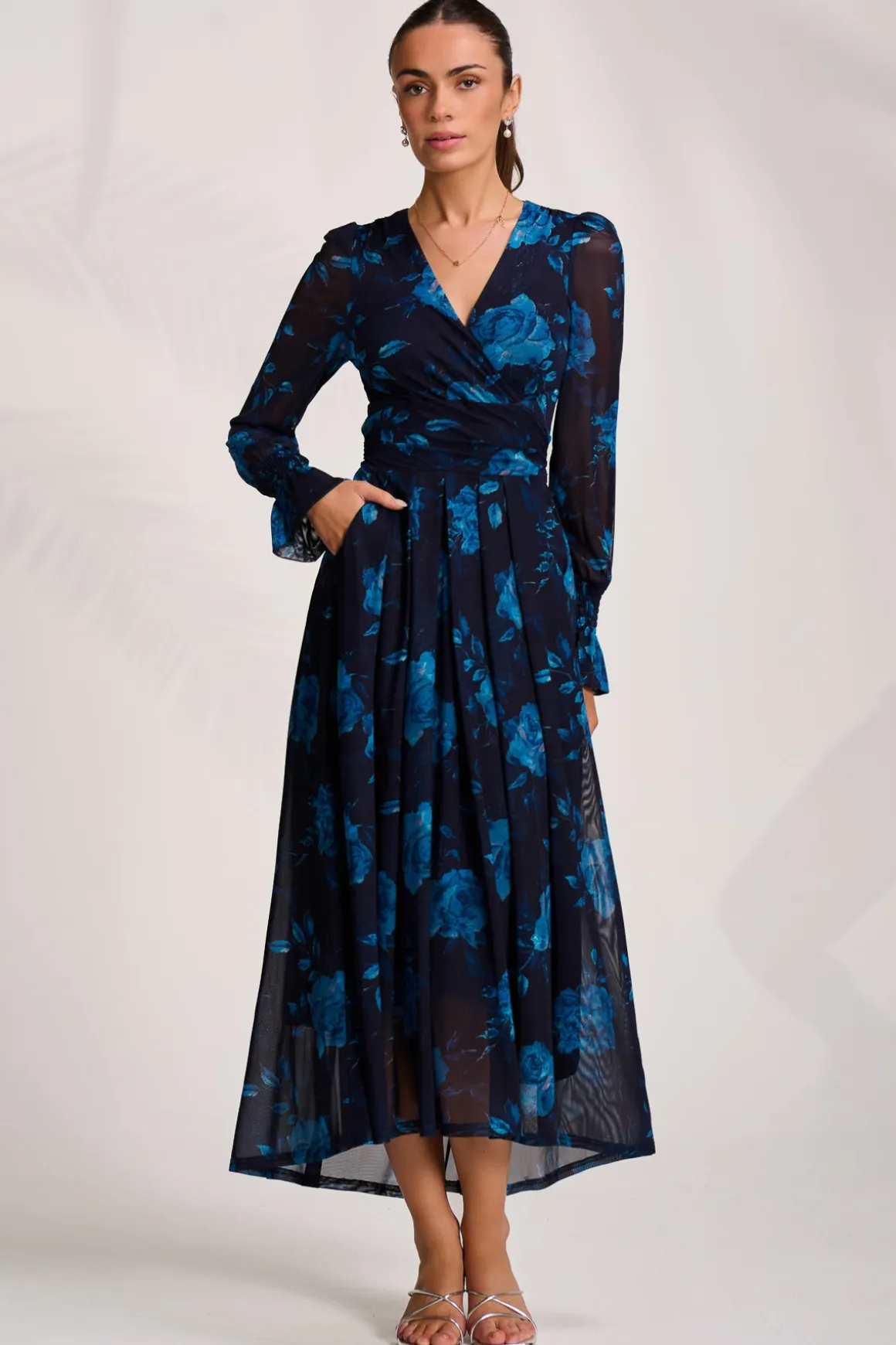Long Sleeve V Neck Mesh Maxi Dress, Navy Floral