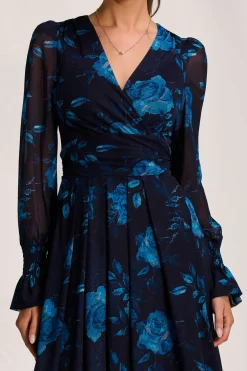 Long Sleeve V Neck Mesh Maxi Dress, Navy Floral
