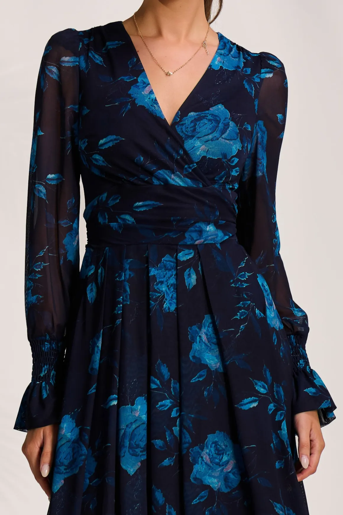 Long Sleeve V Neck Mesh Maxi Dress, Navy Floral
