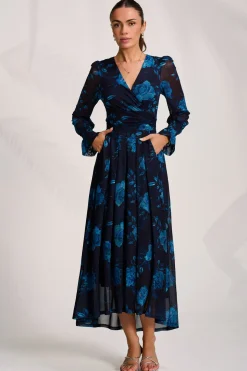 Long Sleeve V Neck Mesh Maxi Dress, Navy Floral
