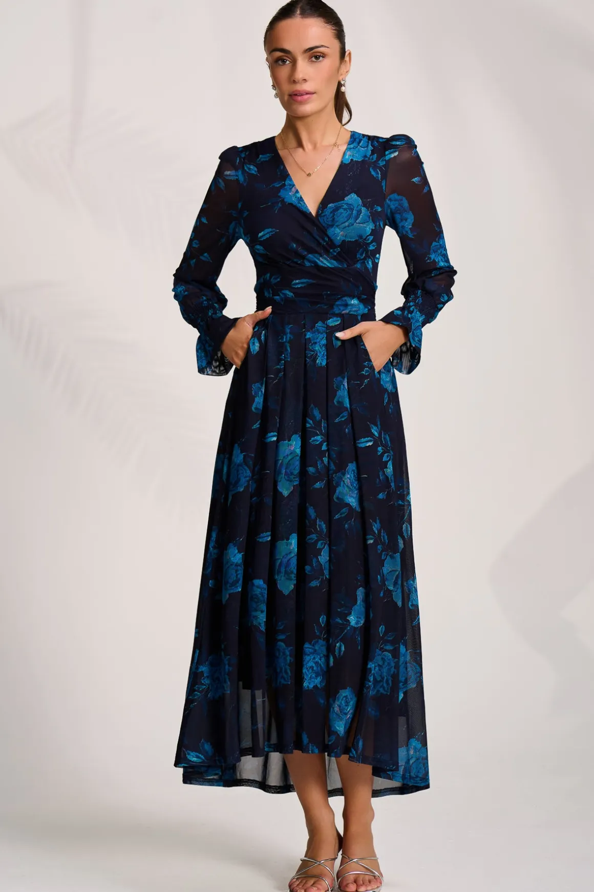 Long Sleeve V Neck Mesh Maxi Dress, Navy Floral