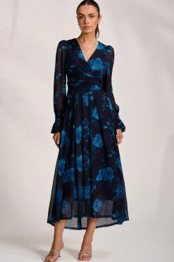 Long Sleeve V Neck Mesh Maxi Dress, Navy Floral