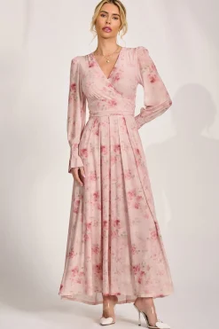Long Sleeve V Neck Mesh Maxi Dress, Pink Floral