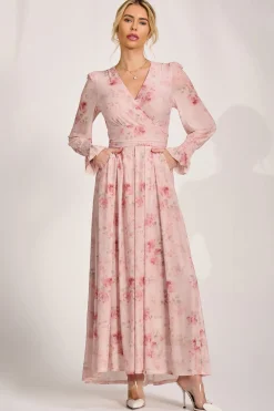 Long Sleeve V Neck Mesh Maxi Dress, Pink Floral
