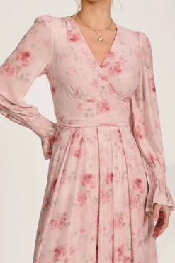 Long Sleeve V Neck Mesh Maxi Dress, Pink Floral