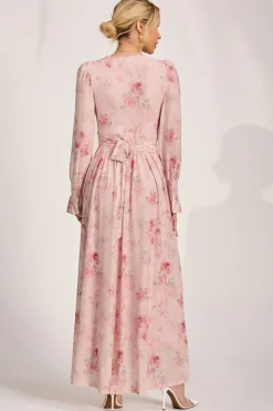 Long Sleeve V Neck Mesh Maxi Dress, Pink Floral