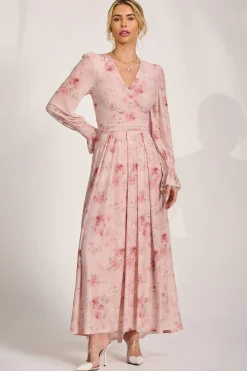 Long Sleeve V Neck Mesh Maxi Dress, Pink Floral
