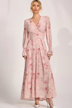 Long Sleeve V Neck Mesh Maxi Dress, Pink Floral