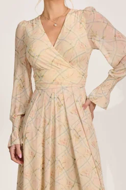 Long Sleeve V Neck Mesh Maxi Dress, Yellow Abstract