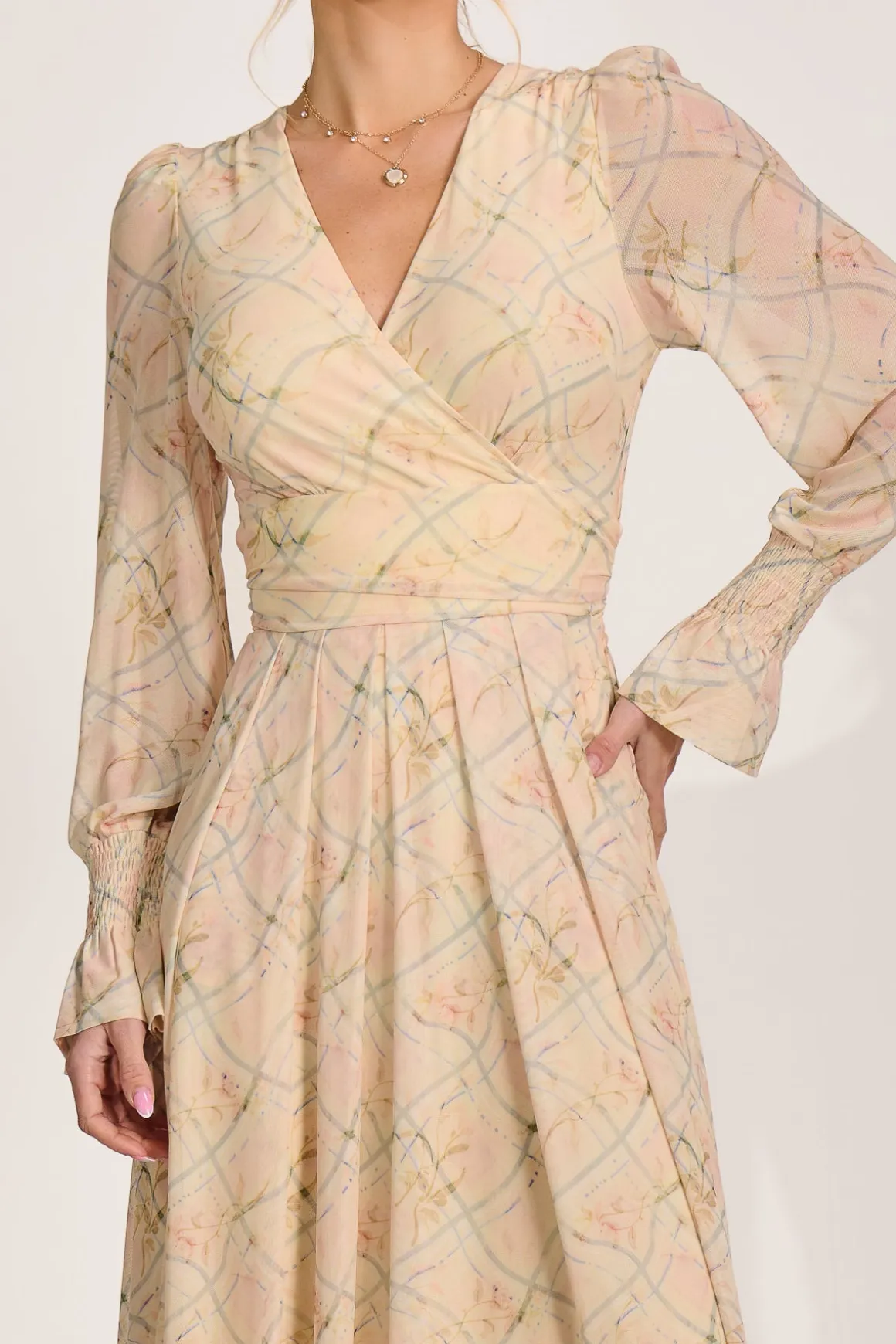 Long Sleeve V Neck Mesh Maxi Dress, Yellow Abstract