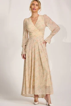 Long Sleeve V Neck Mesh Maxi Dress, Yellow Abstract