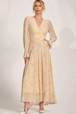 Long Sleeve V Neck Mesh Maxi Dress, Yellow Abstract
