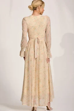 Long Sleeve V Neck Mesh Maxi Dress, Yellow Abstract